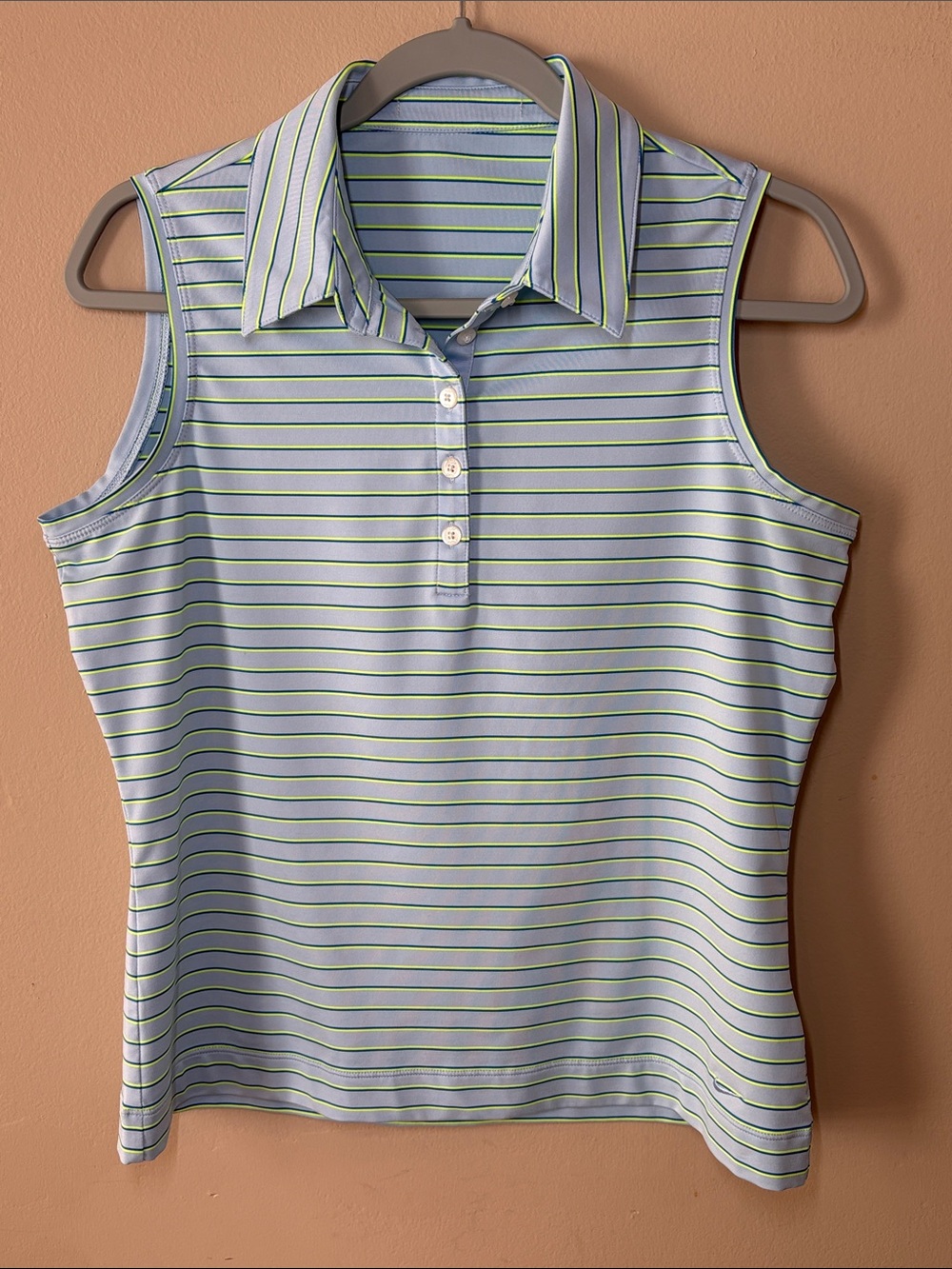 Nike Striped Sleeveless Polo Top - Light Blue with Lime Trim, M